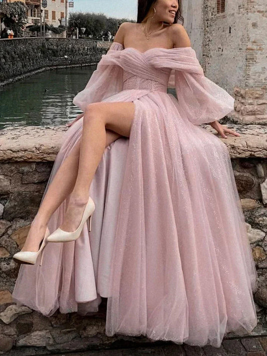 Enchanting Tulle Ballgown Off-the-Shoulder Sweetheart Neck Puff-Sleeve Glitter-Tulle High-Slit Floor-Length Prom Gown