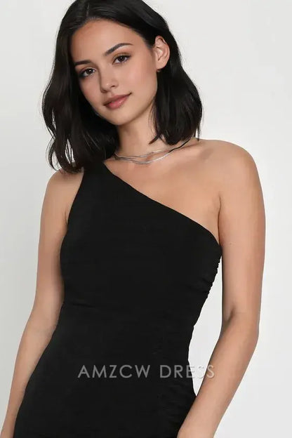 Amzcw Elegante vestido largo negro fruncido de un solo hombro, especialmente impresionante, vestidos formales 