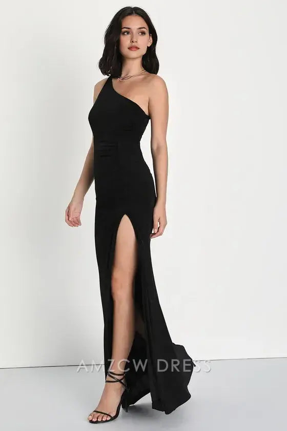 Amzcw Elegante vestido largo negro fruncido de un solo hombro, especialmente impresionante, vestidos formales 