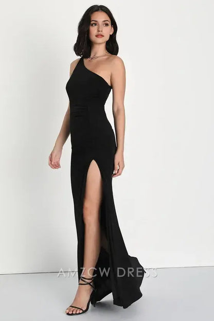 Amzcw Elegante vestido largo negro fruncido de un solo hombro, especialmente impresionante, vestidos formales 