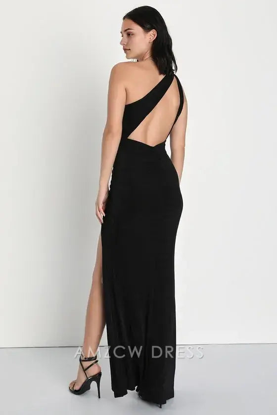 Amzcw Elegante vestido largo negro fruncido de un solo hombro, especialmente impresionante, vestidos formales 