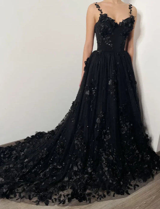 Ethereal 3D Floral Sweetheart Spaghetti-strap Train Ballgown Prom Dress