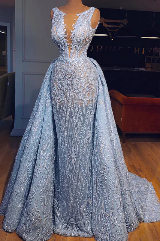 Ethereal Beaded Mermaid V-Neck Sleeveless Illusion-Back Floor-Length Evening Gown