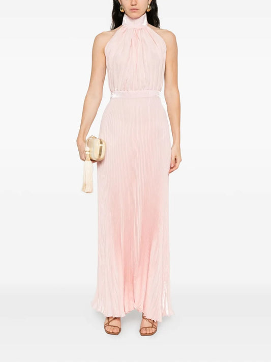 Ethereal Blush Pink Halter-Neck Pleated Prom Dress