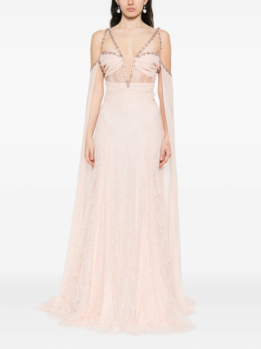 Ethereal Blush Pink Lace Crystal-Embellished Prom Dress