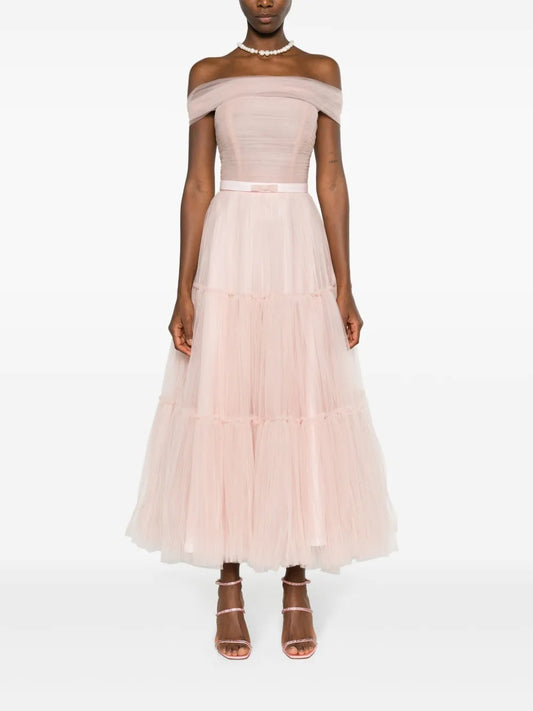 Ethereal Blush Pink Off-Shoulder Tiered Tulle Midi Dress
