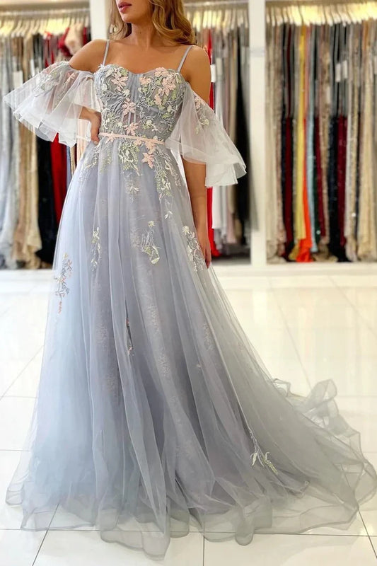 Ethereal Floral Embroidered A-Line Cold-Shoulder Sweetheart Spaghetti-Strap Floor-Length Prom Dress for Women