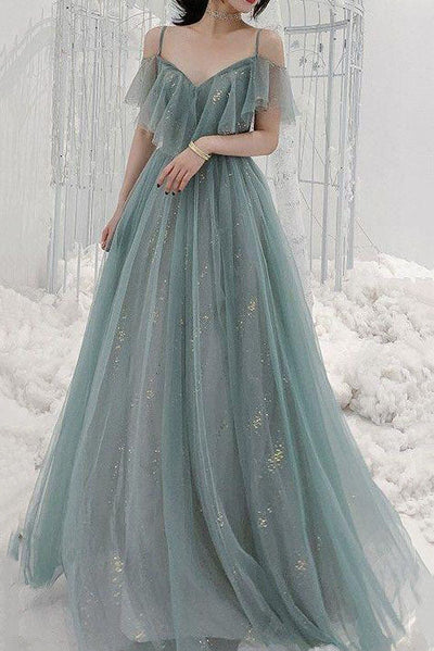 Ethereal Glitter Tulle A-Line Sweetheart Off-the-Shoulder Ruffle-Sleeve Lace-Up-Back Floor-Length Evening Gown