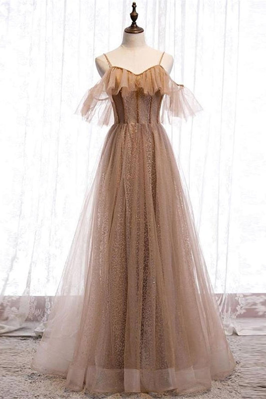 Ethereal Glitter Tulle A-Line Sweetheart Off-the-Shoulder Ruffle-Sleeve Lace-Up-Back Floor-Length Prom Gown