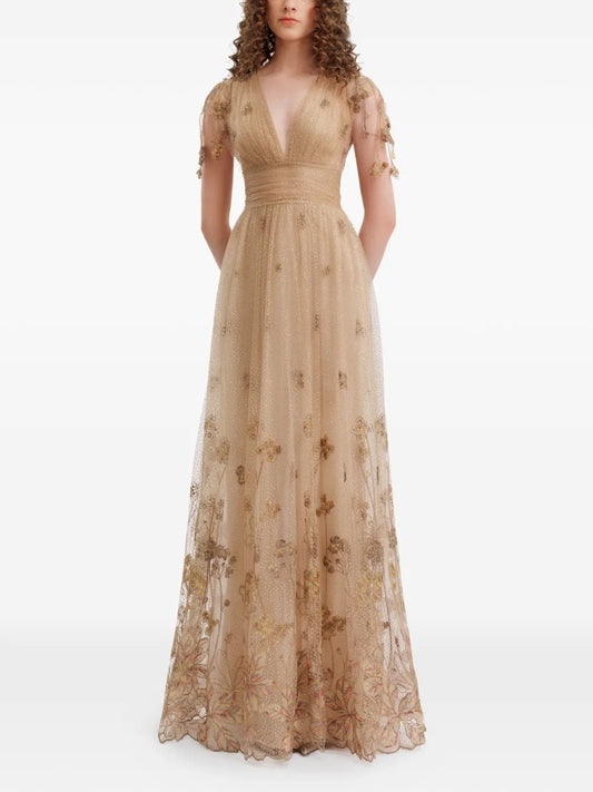 Ethereal Gold Tulle Floral-Embellished Prom Dress