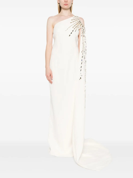Ethereal Ivory One-Shoulder Mirror-Embellished Prom Dress