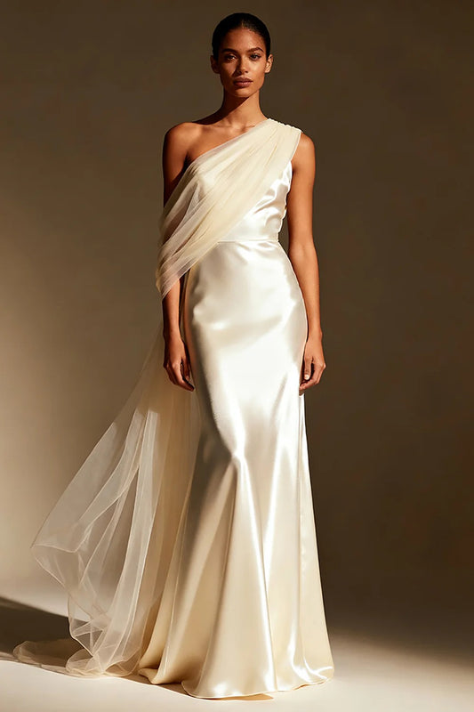 Ethereal Mermaid One-Shoulder Satin Tulle-Drape Prom Dress
