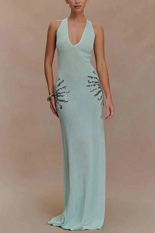 Ethereal Mint Green Knit Halter Gown with Sequin Sunburst Motifs: Prom Dress