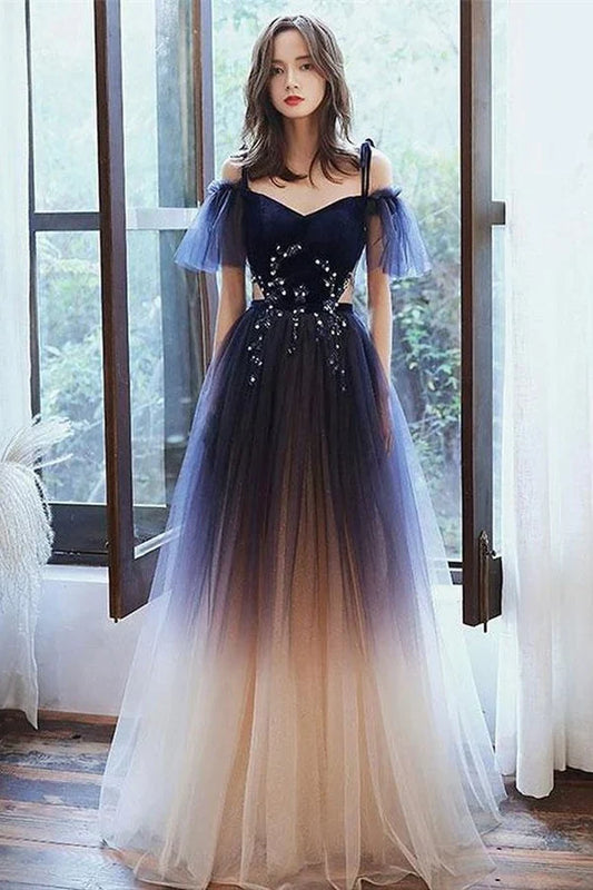 Beading  Ethereal Ombre A-Line Sweetheart Cold-Shoulder Puff-Sleeve Beaded-Waist Floor-Length Evening Gown