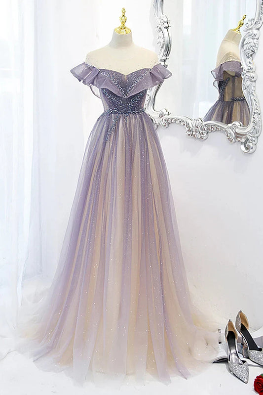 Ethereal Ombré Tulle A-Line Off-the-Shoulder Sweetheart Ruffle-Sleeve Lace-Up-Back Floor-Length Prom Gown