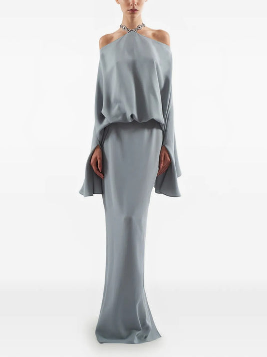 Ethereal Slate Grey Off-Shoulder Draped Maxi Dress