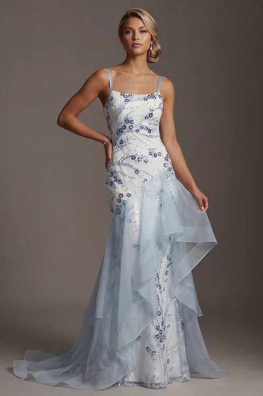 Ethereal Spaghetti Strap Ice Blue Floral Sequin Embellished Tiered Tulle Mermaid Gown Prom Dress