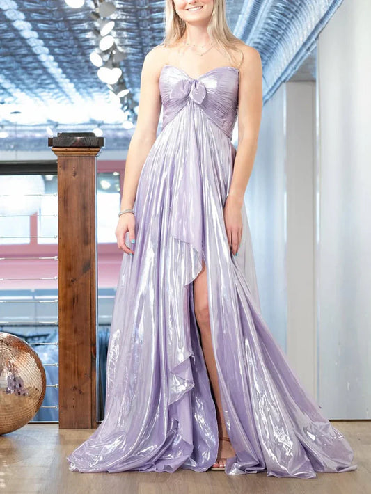 Ethereal Strapless Bow-Detail Ruched Metallic High-Slit Sweeping-Train Prom Dress
