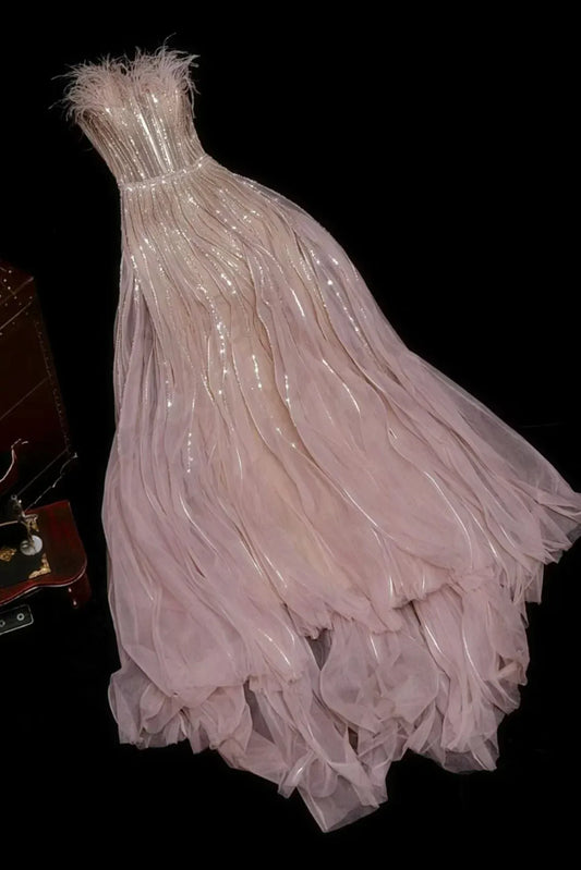 Ethereal Strapless Feather Trimmed Beaded Stripe Tulle High-Low Prom Dress