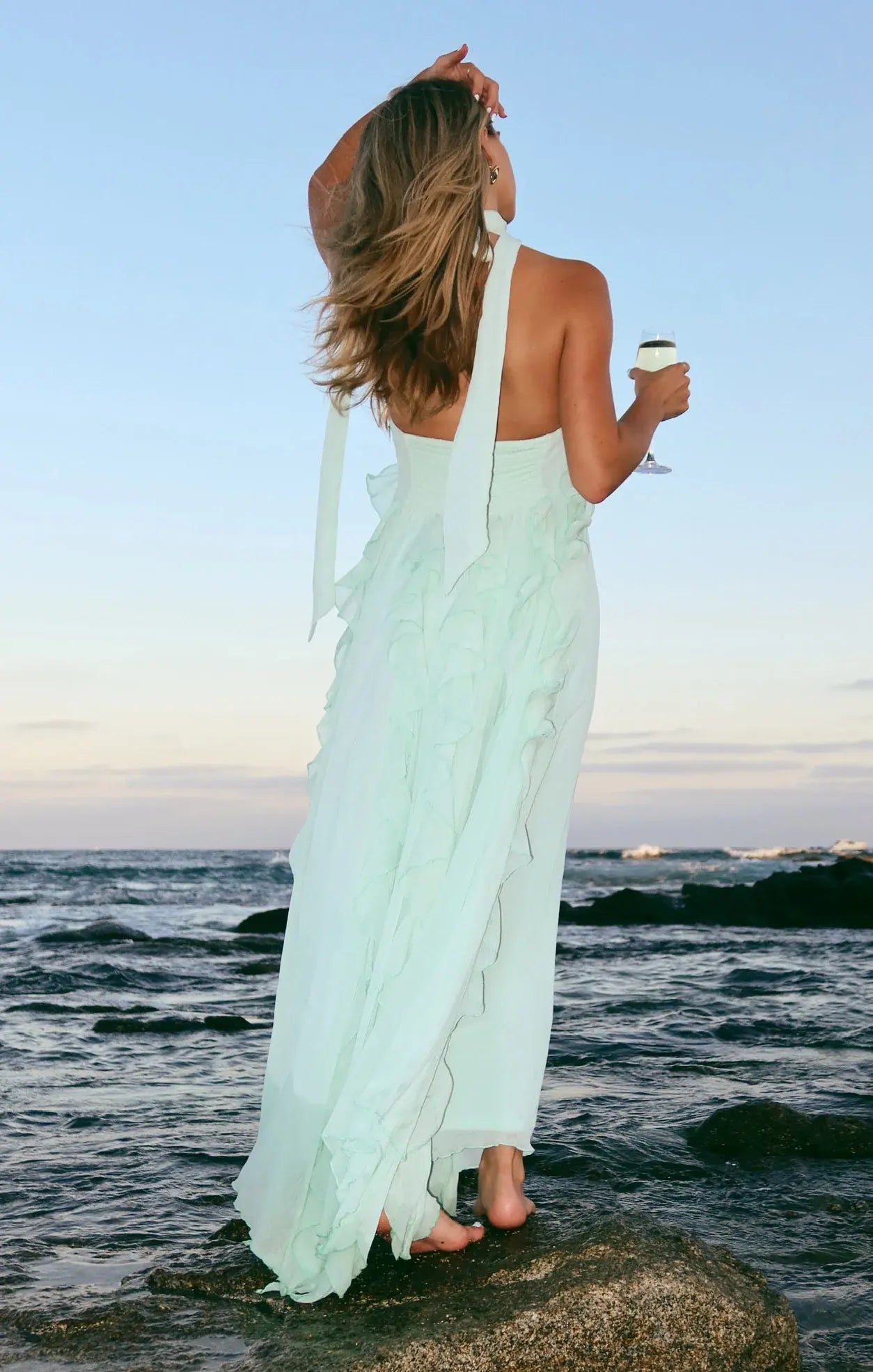 Ethereal A-Line Halter Sleeveless Ruffled Mint Green Floor-Length Prom Dresses
