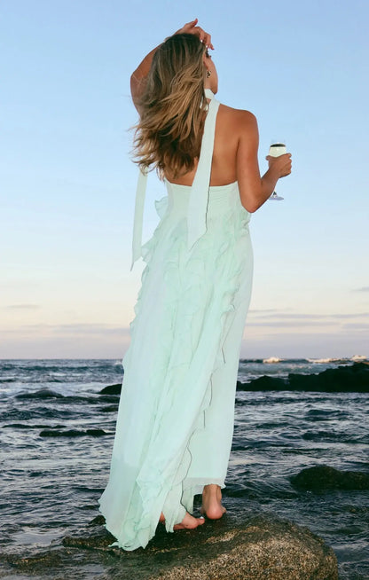 Ethereal A-Line Halter Sleeveless Ruffled Mint Green Floor-Length Prom Dresses