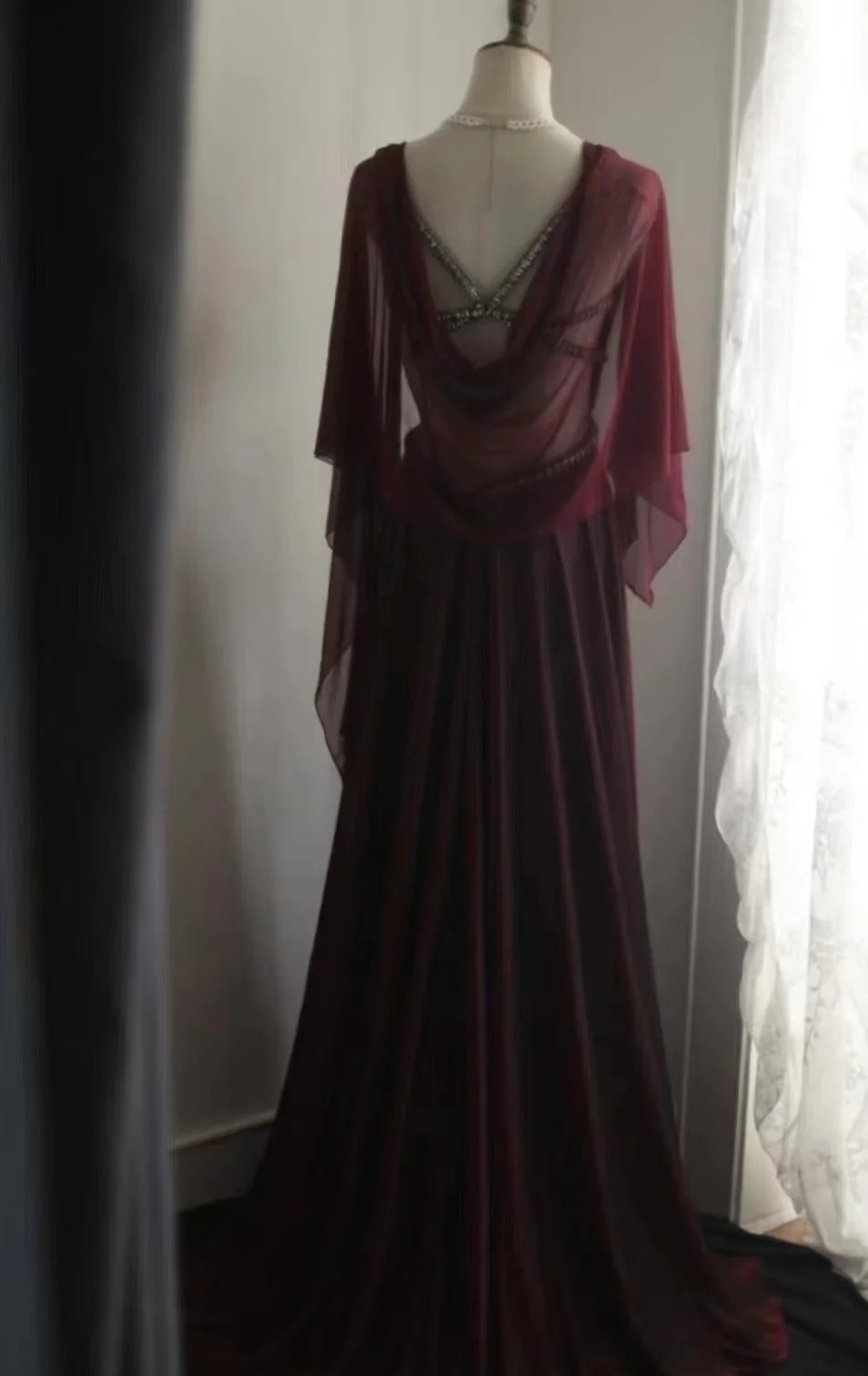 Evening Dress Deep V-Neck Gown with Crystal Embellishments Sheer Cape Sleeves and Open Back