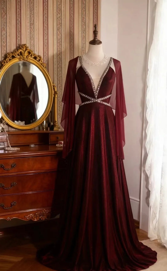 Evening Dress Deep V-Neck Gown with Crystal Embellishments Sheer Cape Sleeves and Open Back