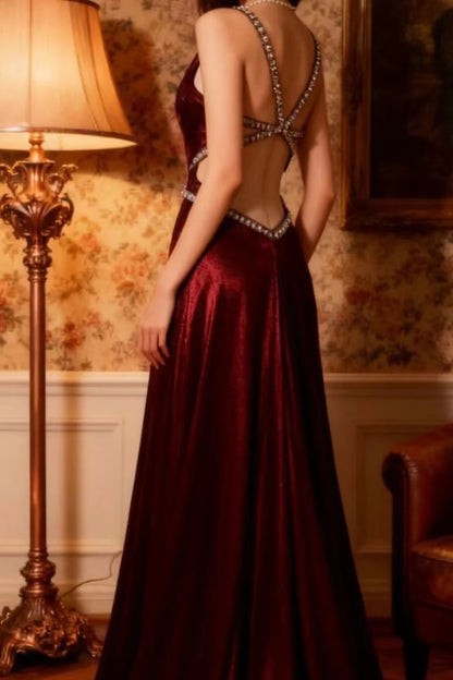 Evening Dress Deep V-Neck Gown with Crystal Embellishments Sheer Cape Sleeves and Open Back