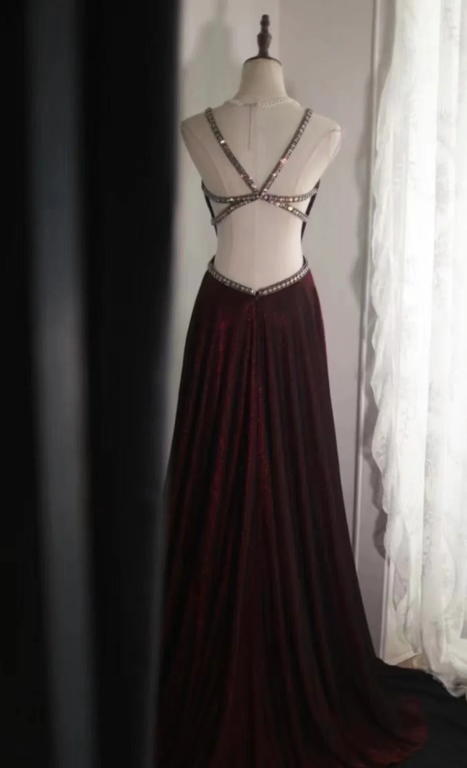 Evening Dress Deep V-Neck Gown with Crystal Embellishments Sheer Cape Sleeves and Open Back