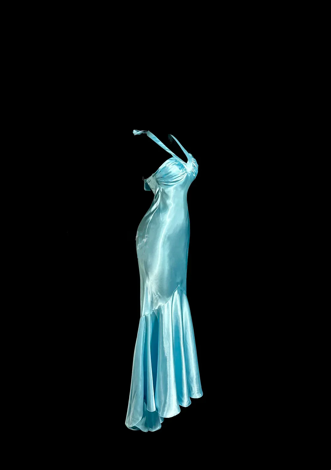 Evening Dress Halter Neck Aqua Blue Satin Mermaid Gown with Ruched Bodice and Flounced Hem