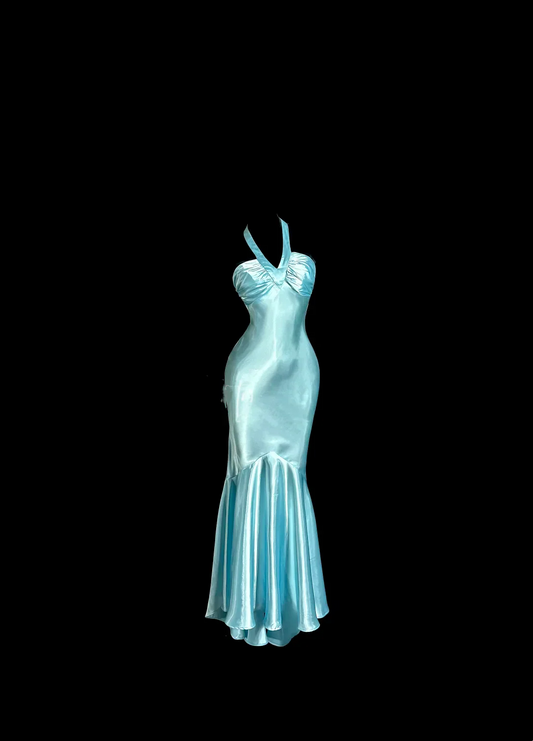 Evening Dress Halter Neck Aqua Blue Satin Mermaid Gown with Ruched Bodice and Flounced Hem