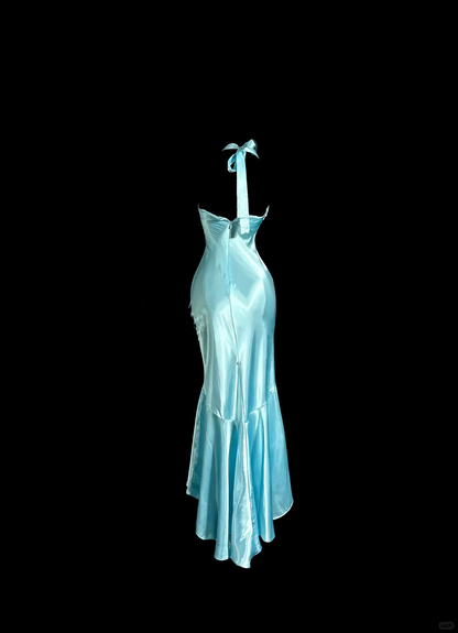 Evening Dress Halter Neck Aqua Blue Satin Mermaid Gown with Ruched Bodice and Flounced Hem