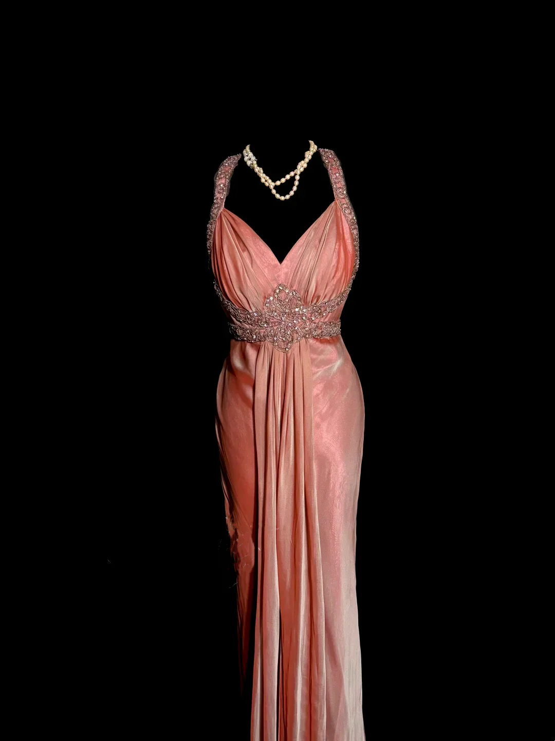 Evening Dress Halter Neck Blush Pink Chiffon Gown with Beaded Lace Accents and Open Back