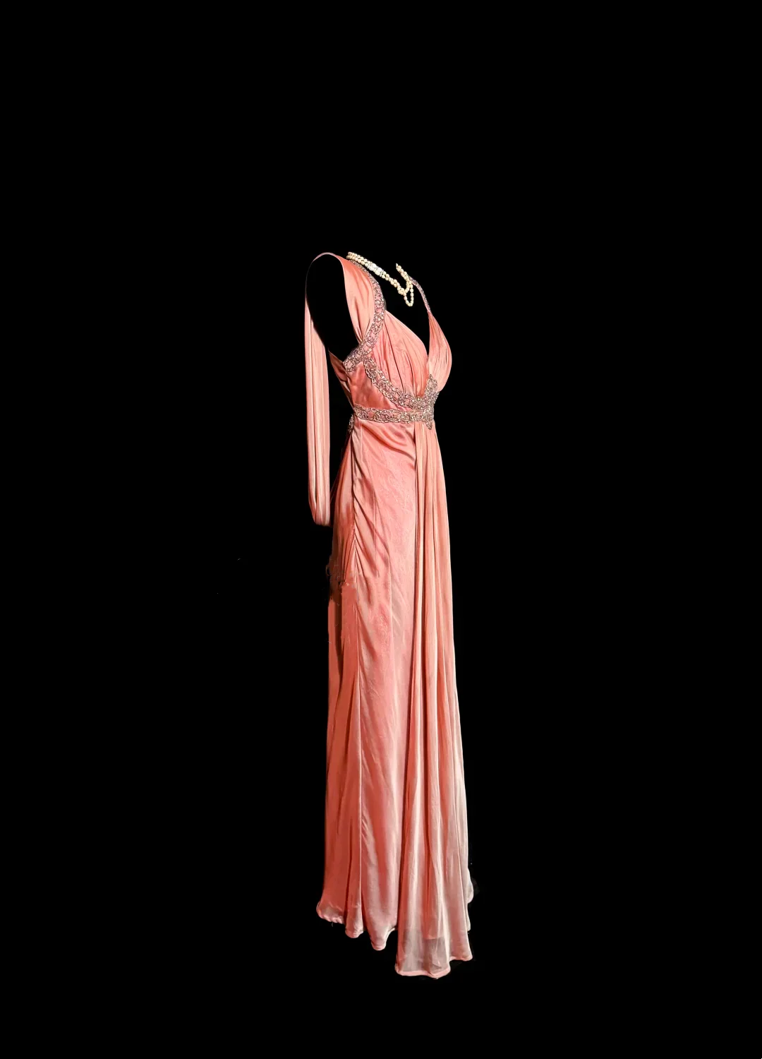 Evening Dress Halter Neck Blush Pink Chiffon Gown with Beaded Lace Accents and Open Back