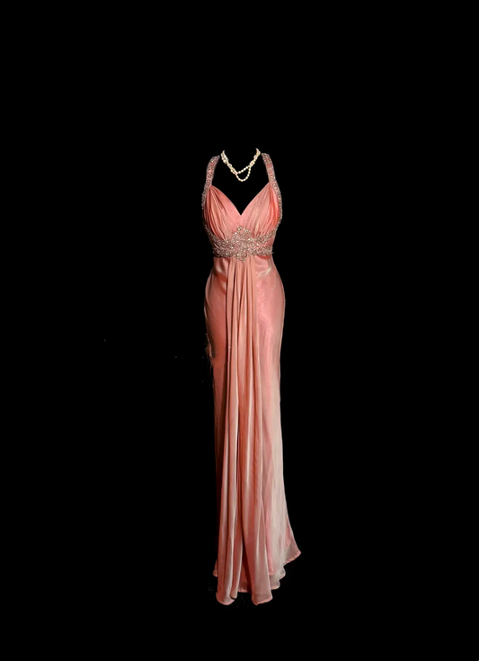 Evening Dress Halter Neck Blush Pink Chiffon Gown with Beaded Lace Accents and Open Back