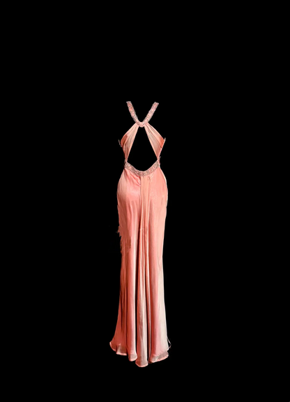 Evening Dress Halter Neck Blush Pink Chiffon Gown with Beaded Lace Accents and Open Back