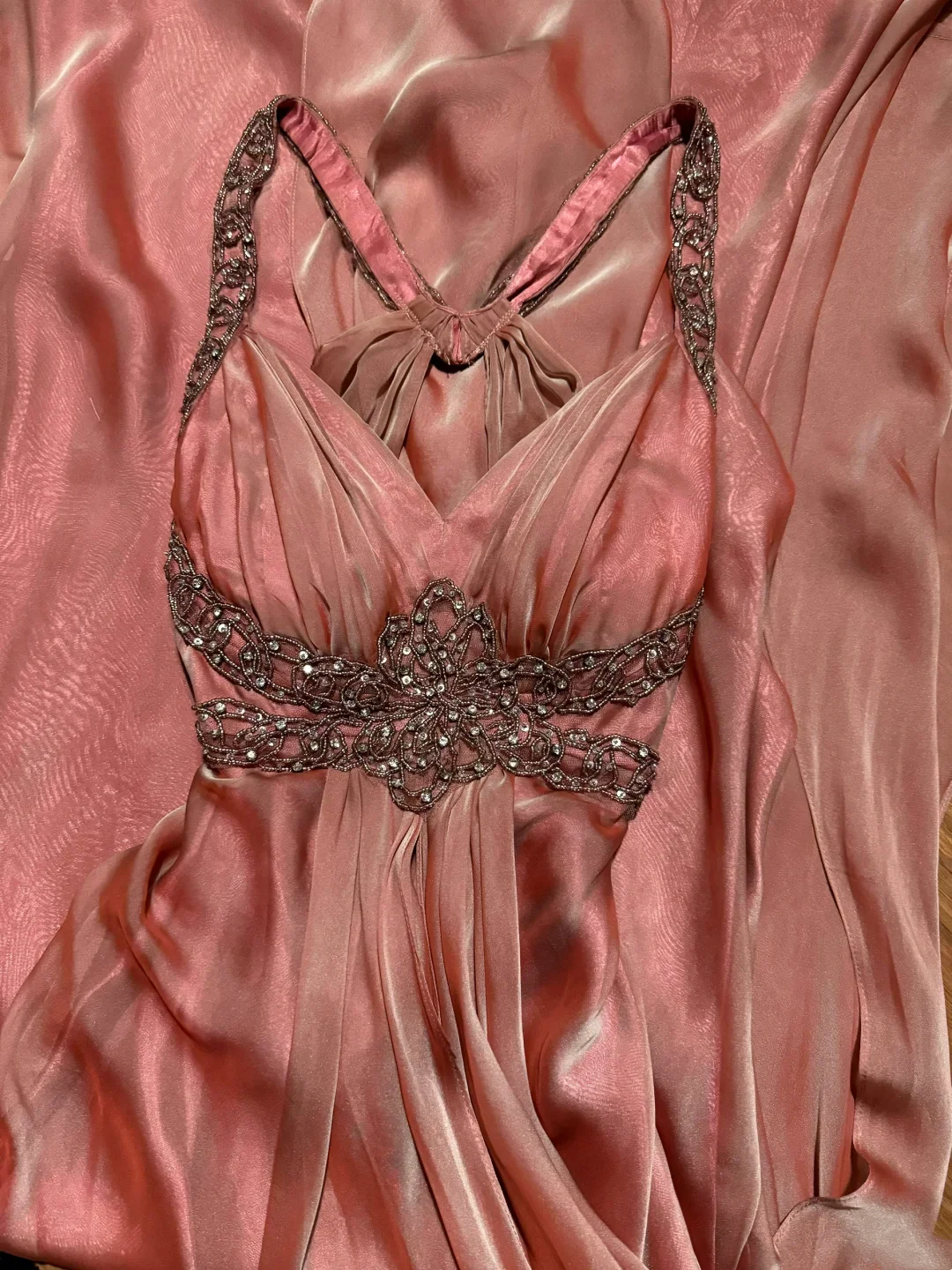 Evening Dress Halter Neck Blush Pink Chiffon Gown with Beaded Lace Accents and Open Back