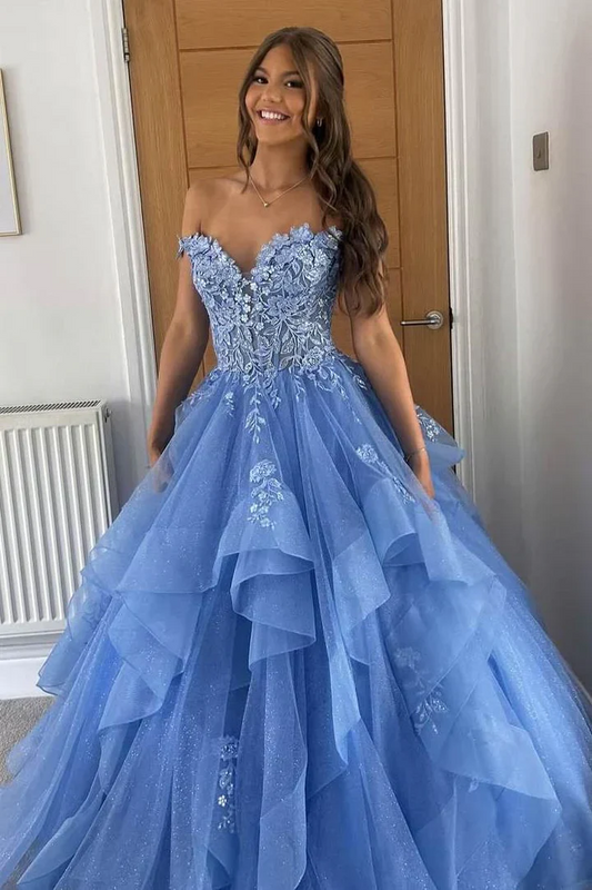 Evening Dress Off-the-Shoulder Sky Blue Tulle Ball Gown with 3D Floral Lace Appliqué and Tiered Ruffle Skirt