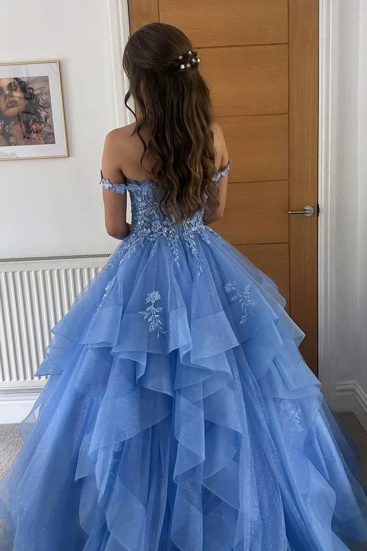 Evening Dress Off-the-Shoulder Sky Blue Tulle Ball Gown with 3D Floral Lace Appliqué and Tiered Ruffle Skirt