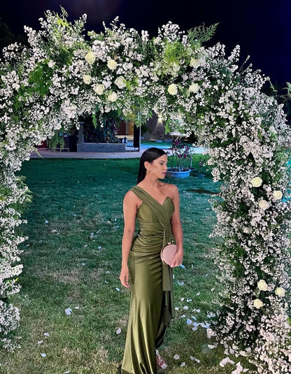 Evening Dress One-Shoulder Draped Gown with Ruched Waist and High Slit