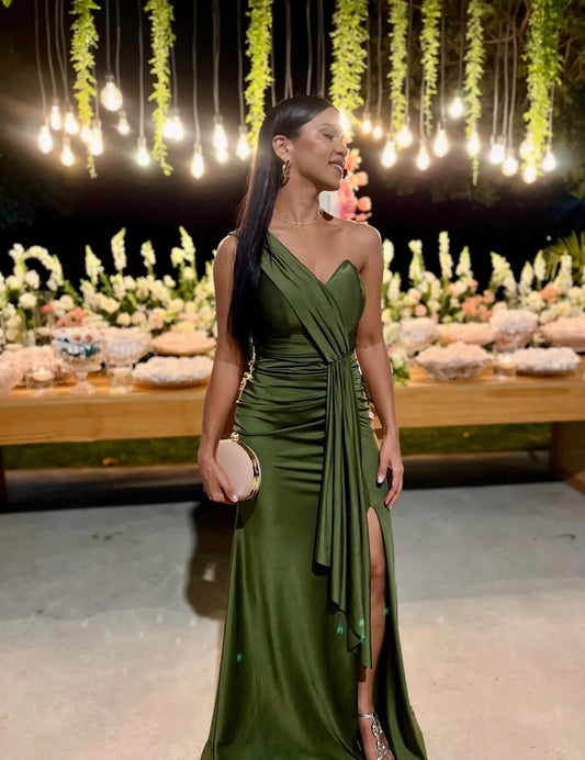 Evening Dress One-Shoulder Draped Gown with Ruched Waist and High Slit