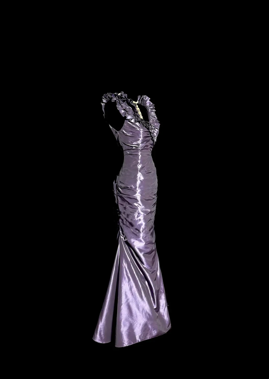 Evening Dress Ruffled V-Neck Purple Satin Mermaid Gown with Ruched Bodice and Train
