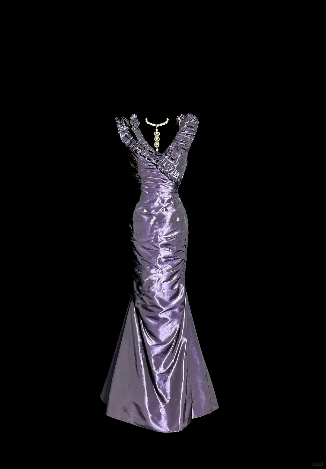 Evening Dress Ruffled V-Neck Purple Satin Mermaid Gown with Ruched Bodice and Train