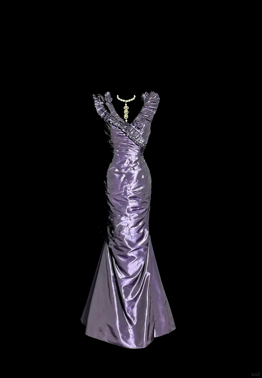 Evening Dress Ruffled V-Neck Purple Satin Mermaid Gown with Ruched Bodice and Train