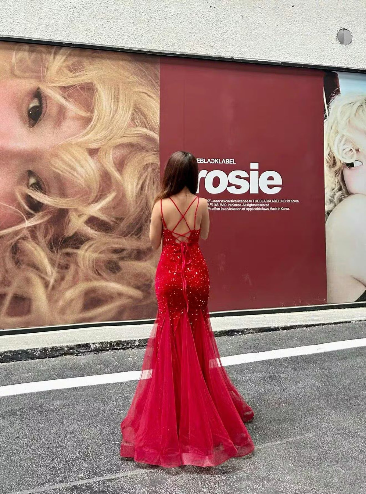 Evening Dress Spaghetti Strap Red Sequin Mermaid Gown with Deep V-Neck Crisscross Back Tie and Tulle Train