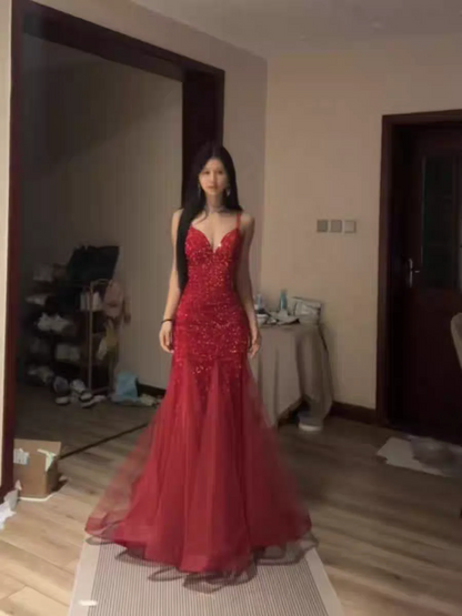 Evening Dress Spaghetti Strap Red Sequin Mermaid Gown with Deep V-Neck Crisscross Back Tie and Tulle Train