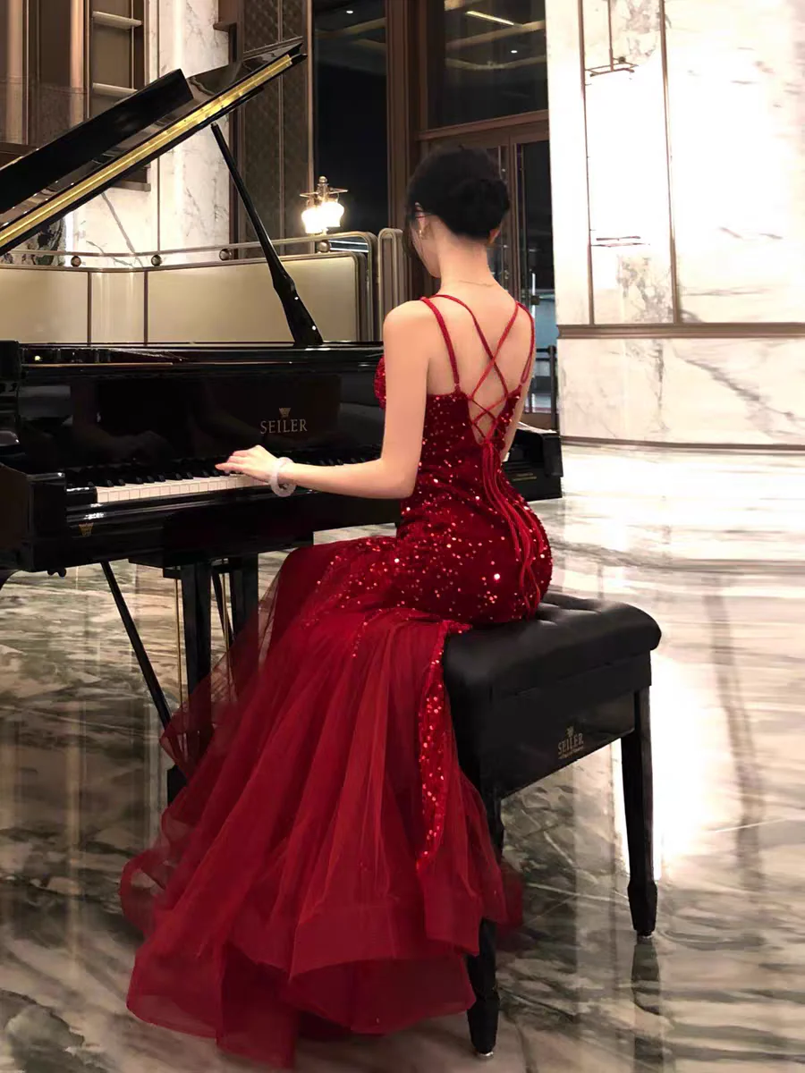 Evening Dress Spaghetti Strap Red Sequin Mermaid Gown with Deep V-Neck Crisscross Back Tie and Tulle Train