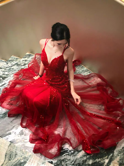 Evening Dress Spaghetti Strap Red Sequin Mermaid Gown with Deep V-Neck Crisscross Back Tie and Tulle Train