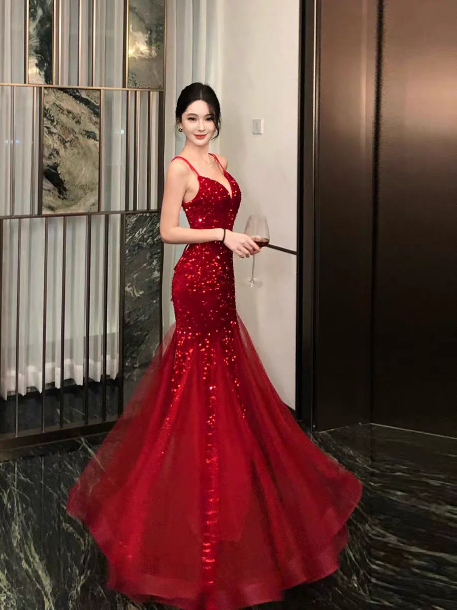 Evening Dress Spaghetti Strap Red Sequin Mermaid Gown with Deep V-Neck Crisscross Back Tie and Tulle Train