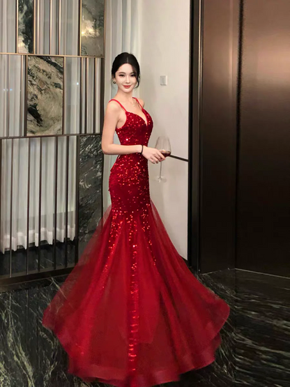 Evening Dress Spaghetti Strap Red Sequin Mermaid Gown with Deep V-Neck Crisscross Back Tie and Tulle Train